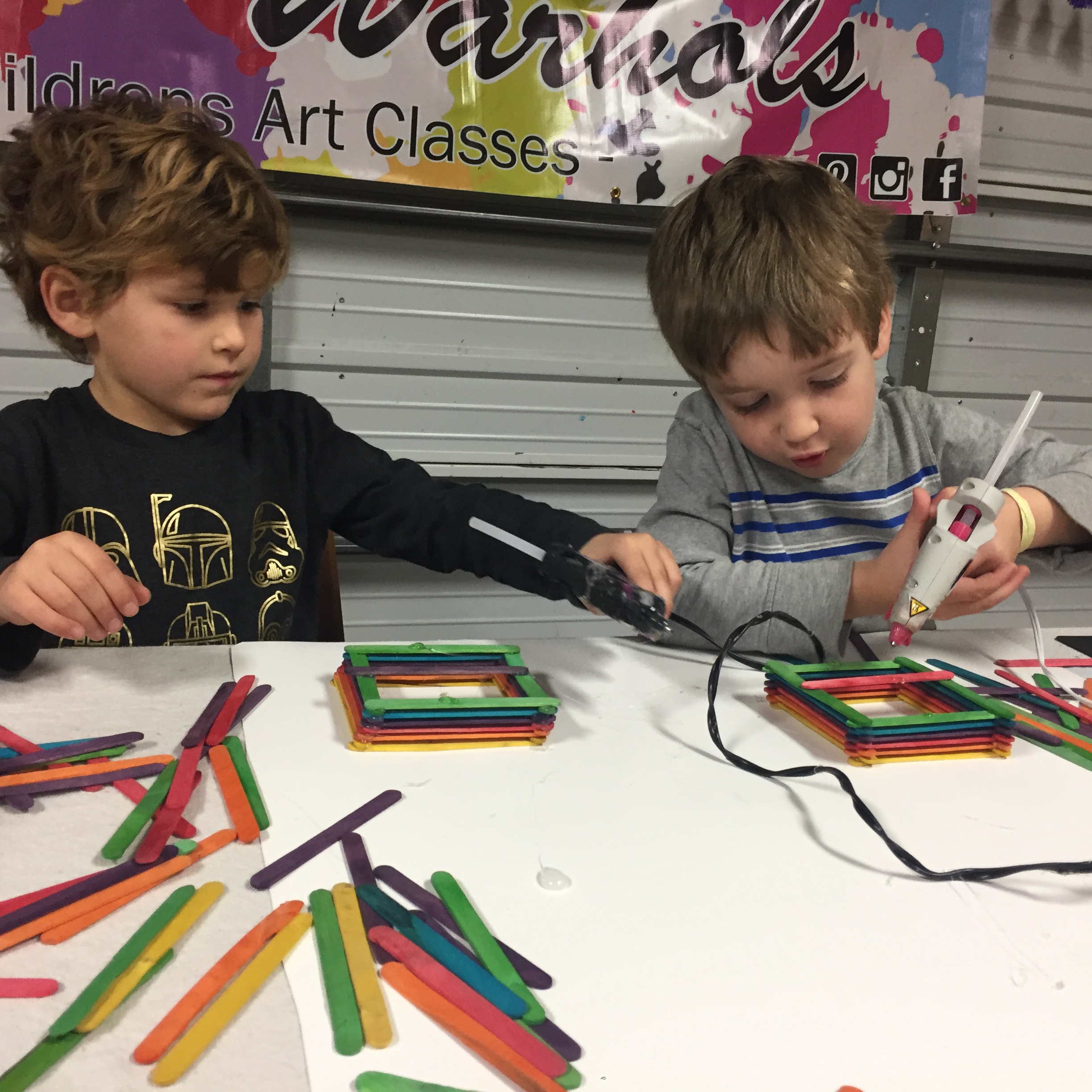 Popsicle Art Project in 3 Art Classes Pre-work: Use Elmer's to glue small  Popsicle sticks side by …