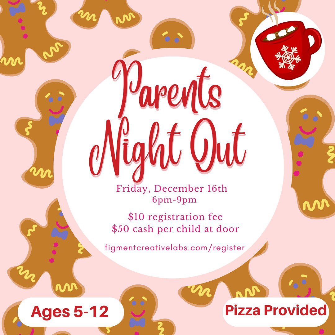 The next Parent’s Night Out at Figment will be Dec. 16th 6-9pm. Link in stories or go to Camps/ Events at www.figmentcreativelabs.com to save a spot. All cash goes to our amazing teachers. The kids will make holiday art and enjoy a movie/ short, popcorn, and pizza.